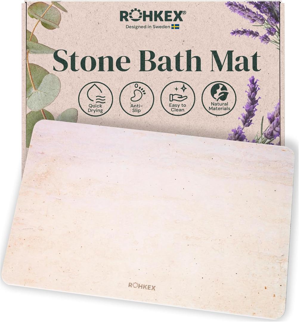ROHKEX Stone Bath Mat Diatomaceous Earth Bath Mat (Beige) - Non-Slip, Absorbent, Quick-Dry, Easy-to-Clean for Bathroom & Shower - Soft Touch - Natural - 24x15 - Bathroom Accessories