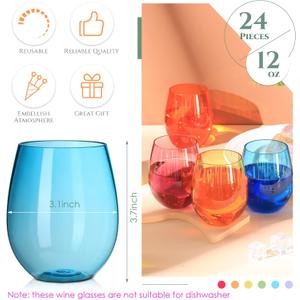 Gerrii 6 Pack 12oz Plastic Stemless Wine Glasses Bulk Colored Reusable Shatterproof plastic wine cups for Indoor Outdoor Dining Supplies Party, Multicolo