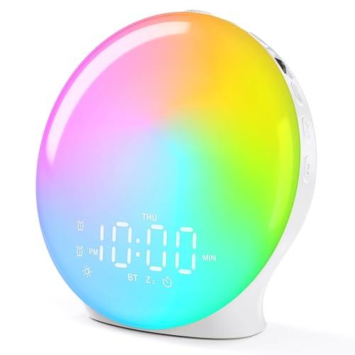 Wake Up Light Sunrise Alarm Clock for Bedroom, 17 Nightlights, Sound Machine with 5W Bluetooth Speaker, 25 Soothing Sounds, SleepTimer, Dual Alarms, FM Radio, Ideal Gift for Baby, Kids, Adults, Senior