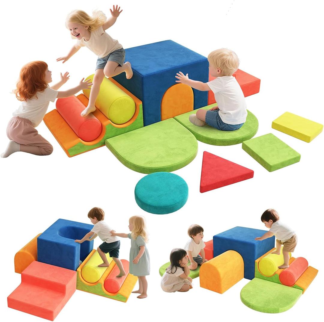 12-Piece Foam Climbing Blocks for Toddlers 1-3, Toddler Climbing Toys Indoor Soft Play Set, Kids Foam Climb Blocks with Tunnel, Steps, Rollers for Crawling, Montessori Indoor Play Gym