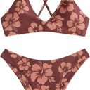 ZAFUL Women's Tie Back Padded High Cut Bralette Bikini Set Two Piece Swimsuit (1-Floral Mocha, S)