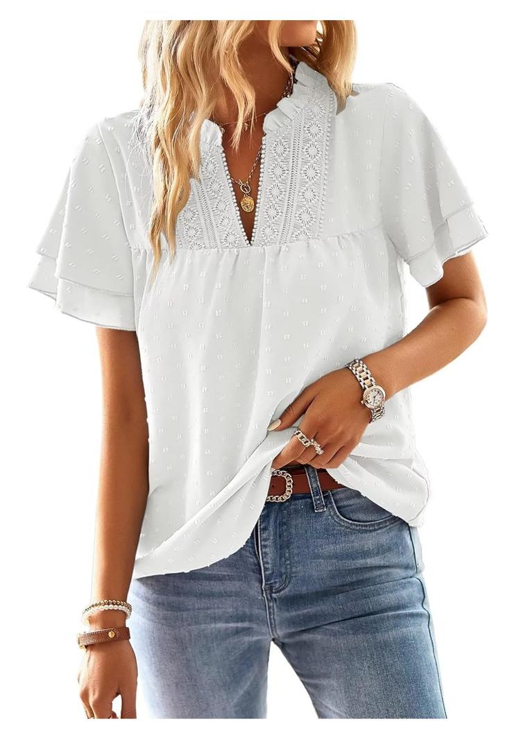 Womens Tops Butterfly Sleeve V Neck Blouses for Women Dressy Casual Flowy Swiss Dot Ruffle Short Sleeve Shirts, S, White