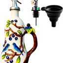 18 oz Hand-Painted Ceramic Relief Olive Oil Bottle Dispenser, with Handle Decorative Olive Oil Dispenser Bottle, Kitchen Ceramic Oil Vinegar Bottle Seasoning Bottle with Stainless Steel Spout & Funnel