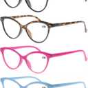MODFANS Women Reading Glasses 3.0 4 Pack Fashion Colors Cat Eye Readers for Ladies Compact Spring Hinge Lightweight Frame Includes Pocket
