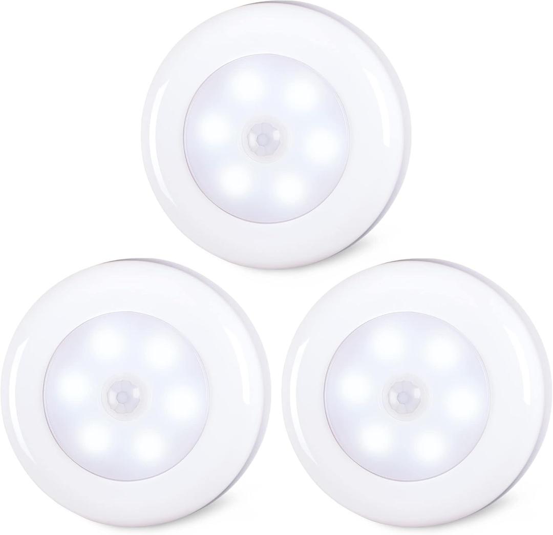 STAR-SPANGLED 3 Pack 2.8 Motion Sensor Lights Indoor AAA Battery Operated, Stick on LED Puck Light for Stairs, Under Cabinet, Closet, Cool White