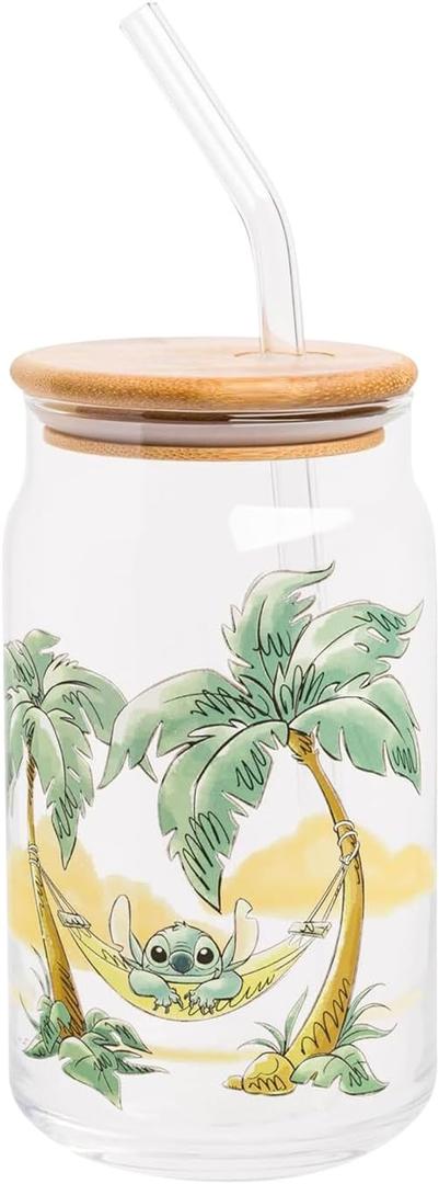 Silver Buffalo Disney Lilo and Stitch Relaxing Chilling in Hammock Island Glass Jar Tumbler with Bamboo Lid and Glass Straw, 16 Ounces (Lilo and Stitch Hammock)