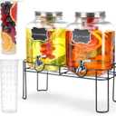 1.6 Gallon Glass Drink dispenser, 2 PCS Beverage Dispenser With Stand, Lemonade Dispenser with Stainless Steel Spigot,Drink Dispensers for Parties,Weddings, Picnic