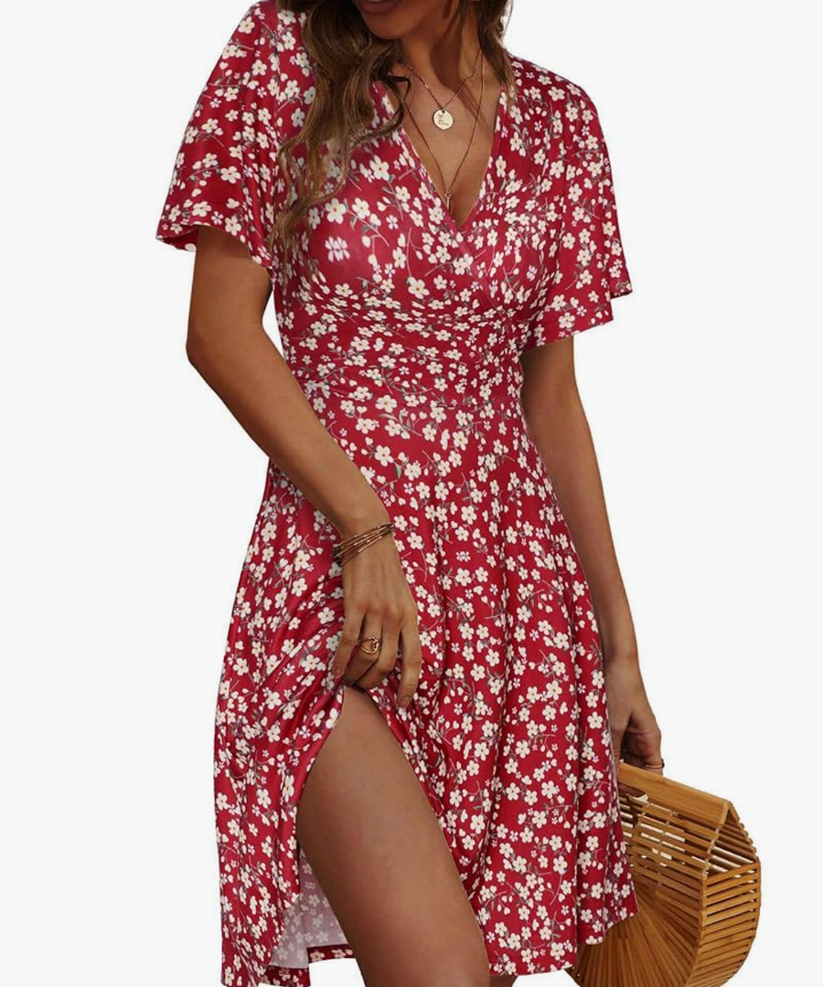 Womens Sundress Summer Floral Short Sleeve Wrap V Neck A-Line Midi Dress Size M
