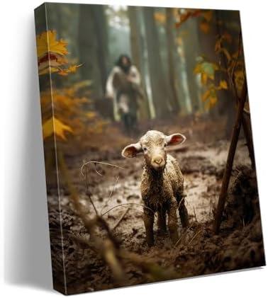 Religious wall decor for prayer room Christian wall art for Christmas decorations indoor Jesus and Lamb canvas wall prints Jesus Running After Lost Lamb Picture for home decor Baptism gifts for boys-girl serenity prayer wall art A-333