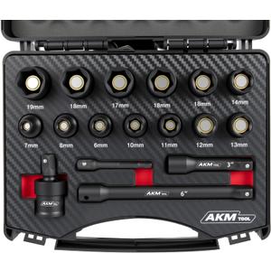 17PCS 3/8 Inch Drive Magnetic Impact Socket Set, Metric, 7mm-19mm, 6 Point, Cr-Mo, Square Drive, Magnetic Socket with Universal Joint, Drill Bit Adapter & Extension