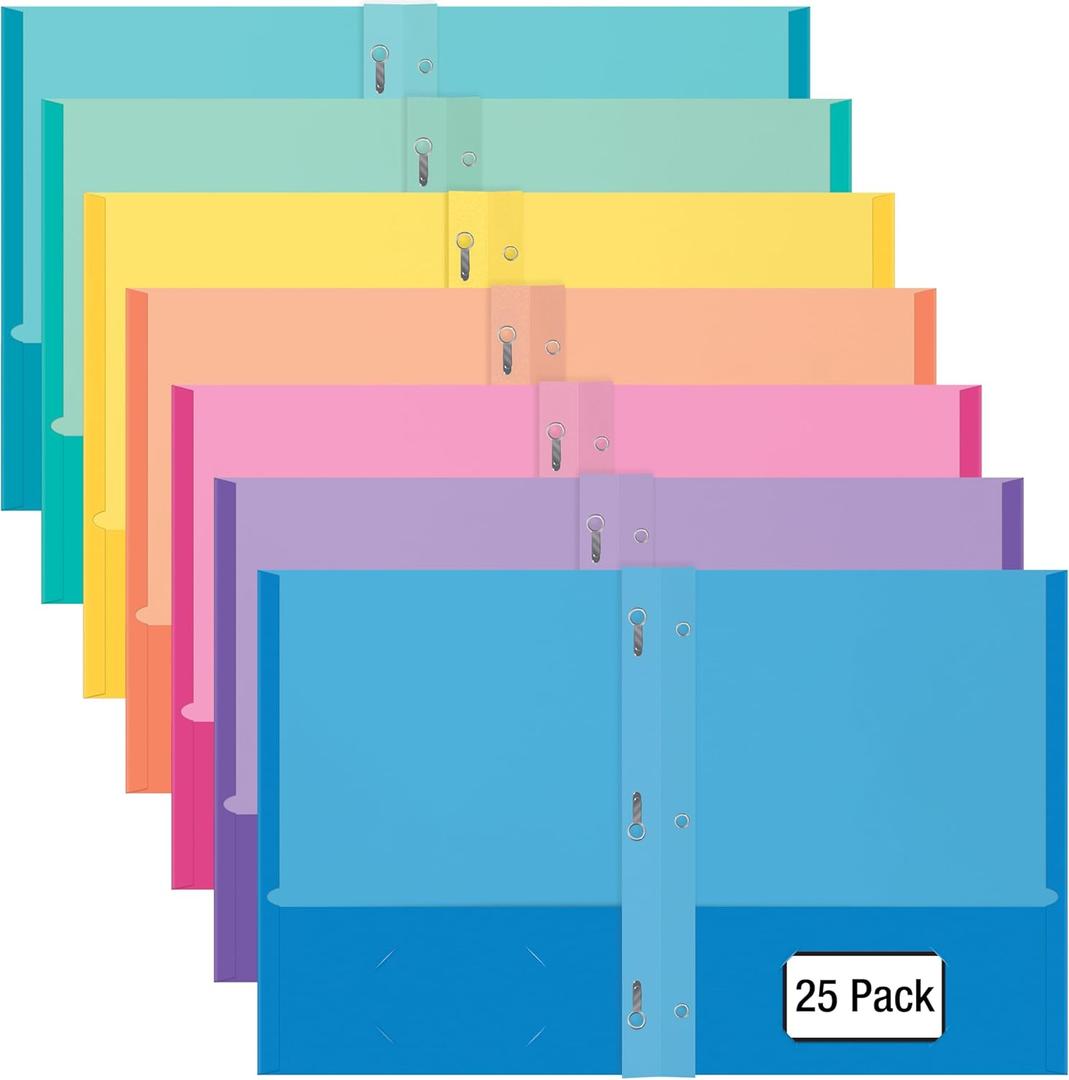 2 Pocket Folders, Assorted 7 Vibrant Colors with Complementing Interior Colors, Fits Letter Size Paper, for School, Office, Home (with Prongs, 25)