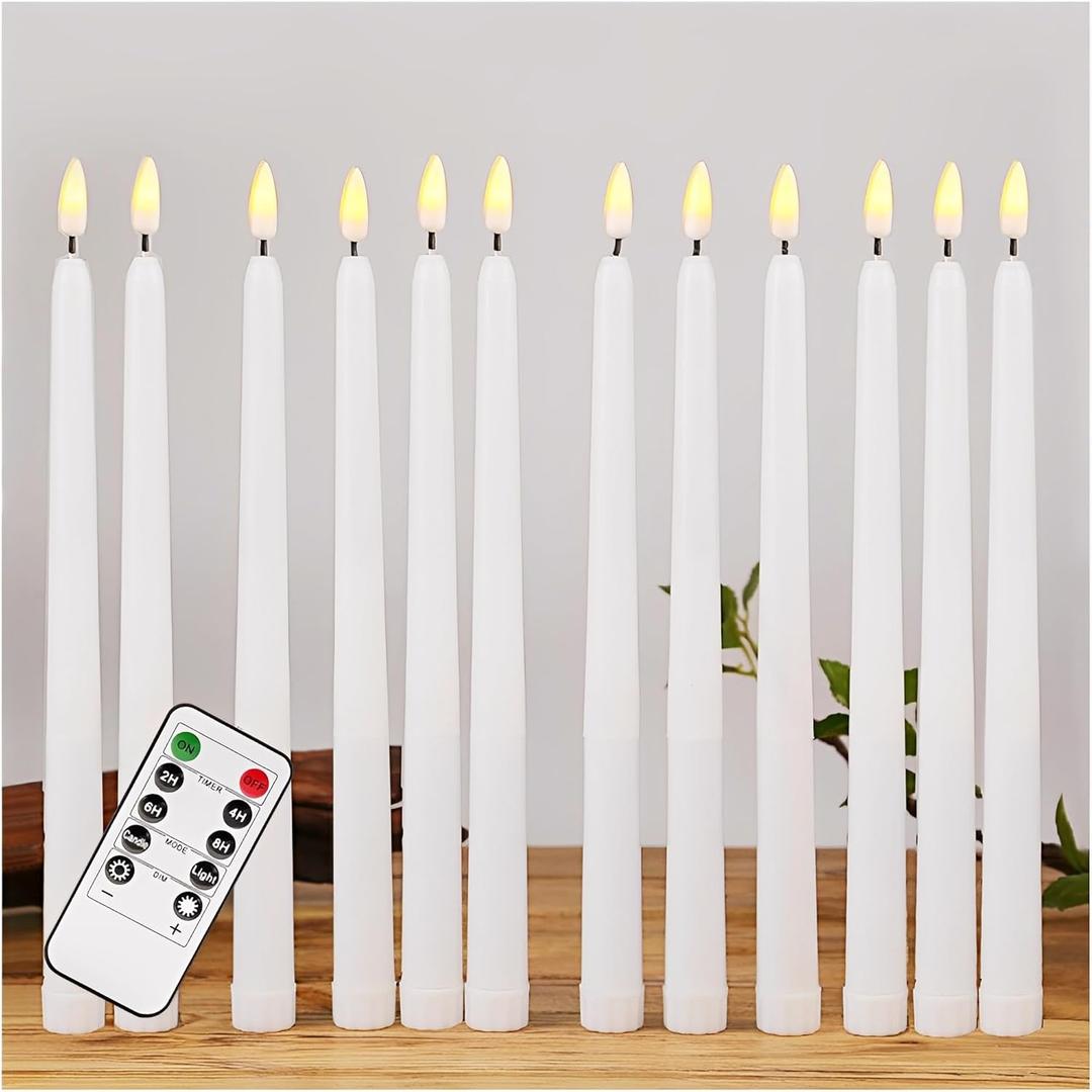 White Flameless Taper Candles with Remote, Flickering LED Battery Operated Candlesticks Set of 12