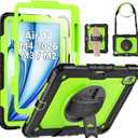SEYMAC Case for iPad Air 11 Inch M4 / M3 / M2 (2026/2025 / 2024), Heavy Duty Shockproof Protective Case with Screen Protector, 360 Rotating Stand and Hand/Shoulder Strap, Green