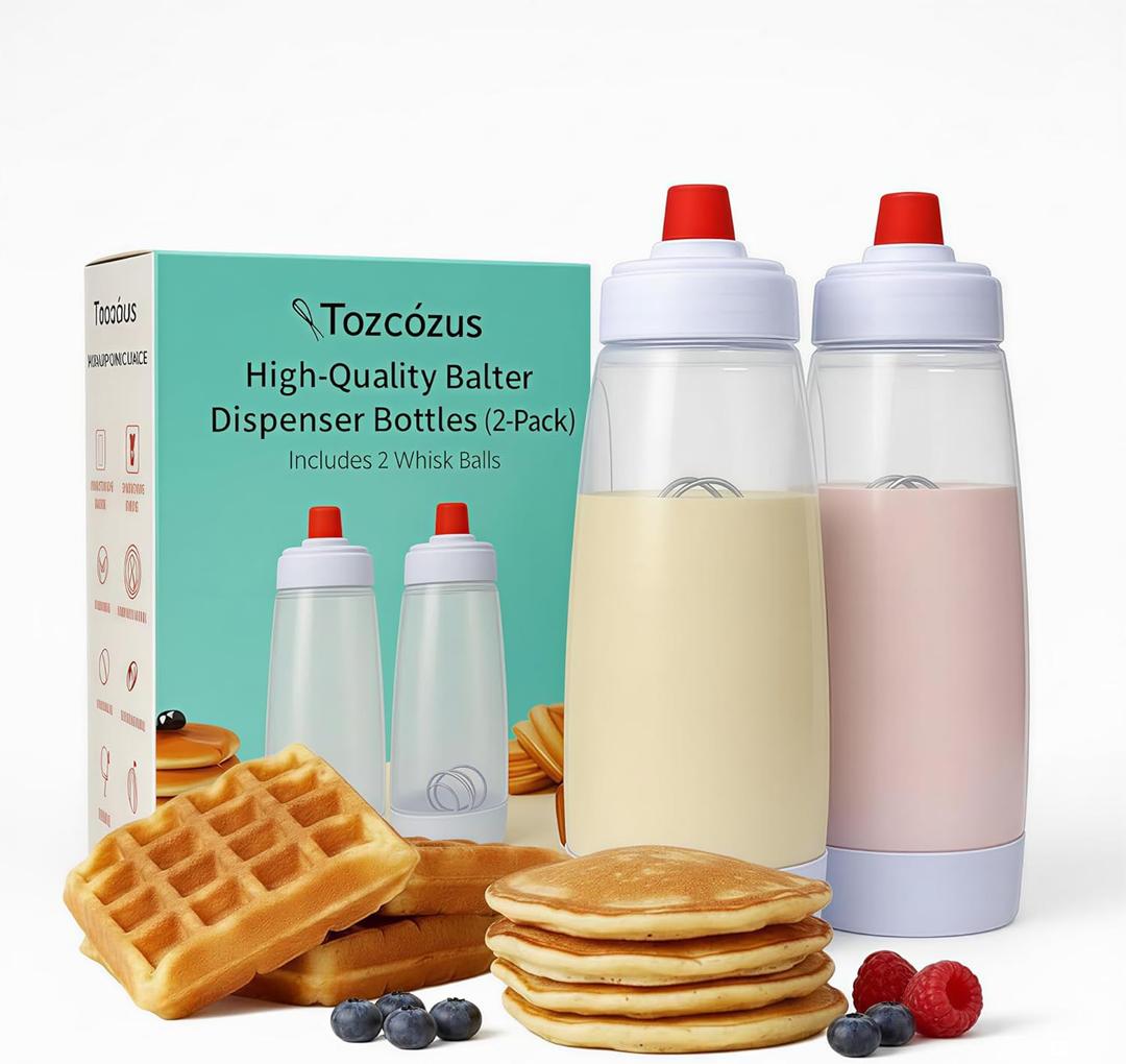 Pancake Batter Dispenser & Mixer/Shaker Bottles, 2-Pack (1000mL Each)  Whisk Ball, No-Drip Silicone Tip, Leakproof, Dishwasher-Safe, BPA-Free  For Pancakes, Waffles, Crepes, Muffins