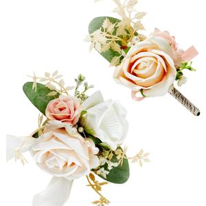 SITUMEIZI 2Pcs Champagne Corsage and Boutonniere Set Wrist Corsage Bracelets and Boutonniere for Men Wedding Prom Party Suit Decor