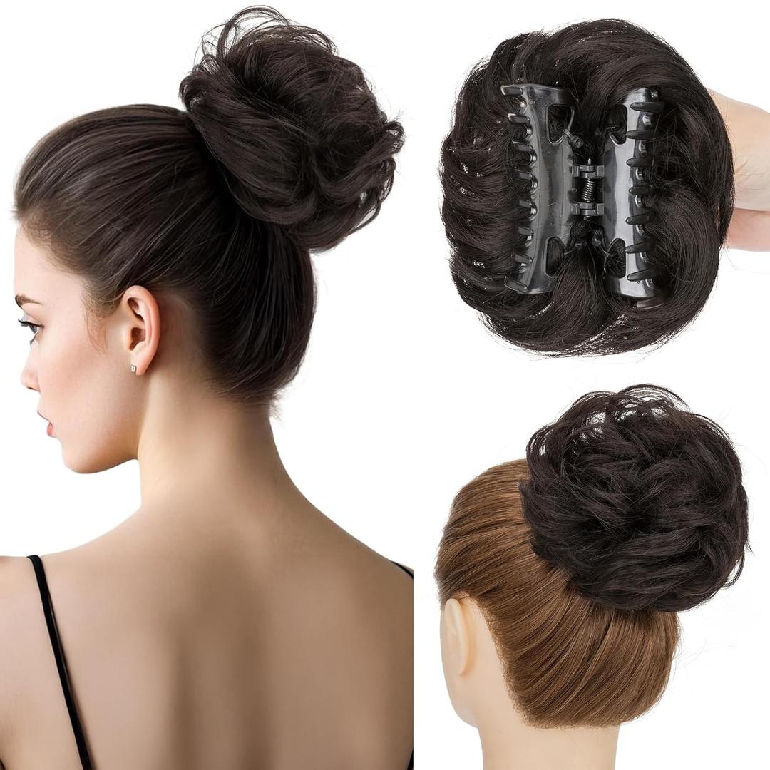 Hairro Messy Bun Hair Piece For Women Human Hair Bun With Claw Clip Tousled Updo Scrunchies Faux Hair Buns Extensions Wavy Curly Bun Hairpieces 42g #1B Natural Black (3 Inch)