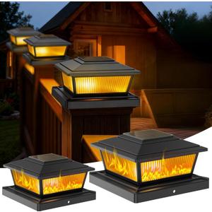 Solar Post Cap Lights Outdoor for 4x4 5x5 6x6 Wood/Vinyl Posts, 6 Pack Fence Post Solar Lights with Flickering Flame & Warm Modes for Deck/Garden/Patio, IP65 Waterproof - Black