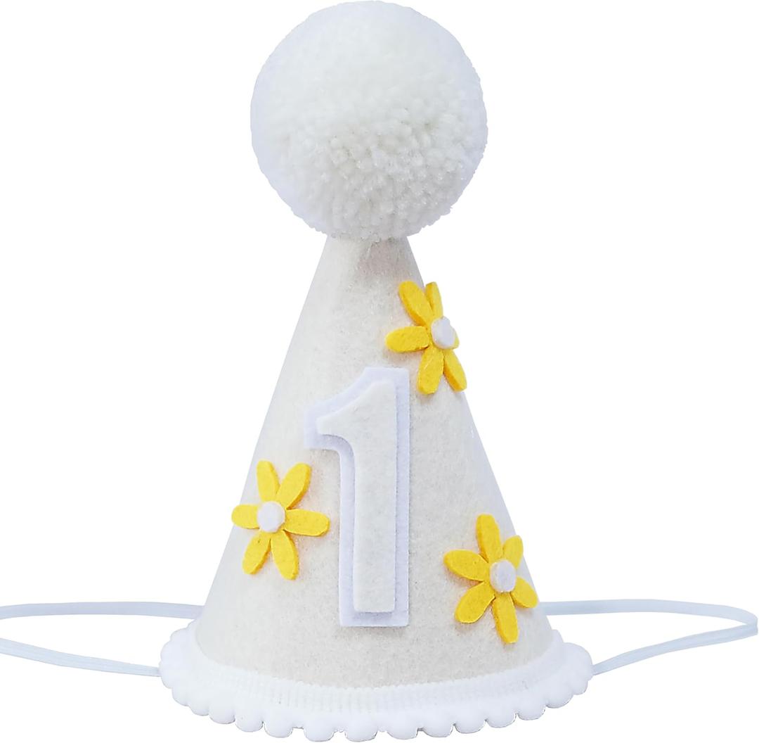 First Birthday Party Hat with Yellow Daisies, White Cone with Pom Pom, 1st Birthday Celebration