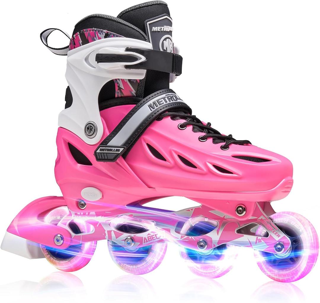 METROLLER Inline Skates for Girls and Boys, Women, Men 4 Sizes Adjustable Inline Skates with Light Up Wheels, Illuminating Beginner Skates, (Rose), Size: XLarge-Youth & Adult (7-10 US)