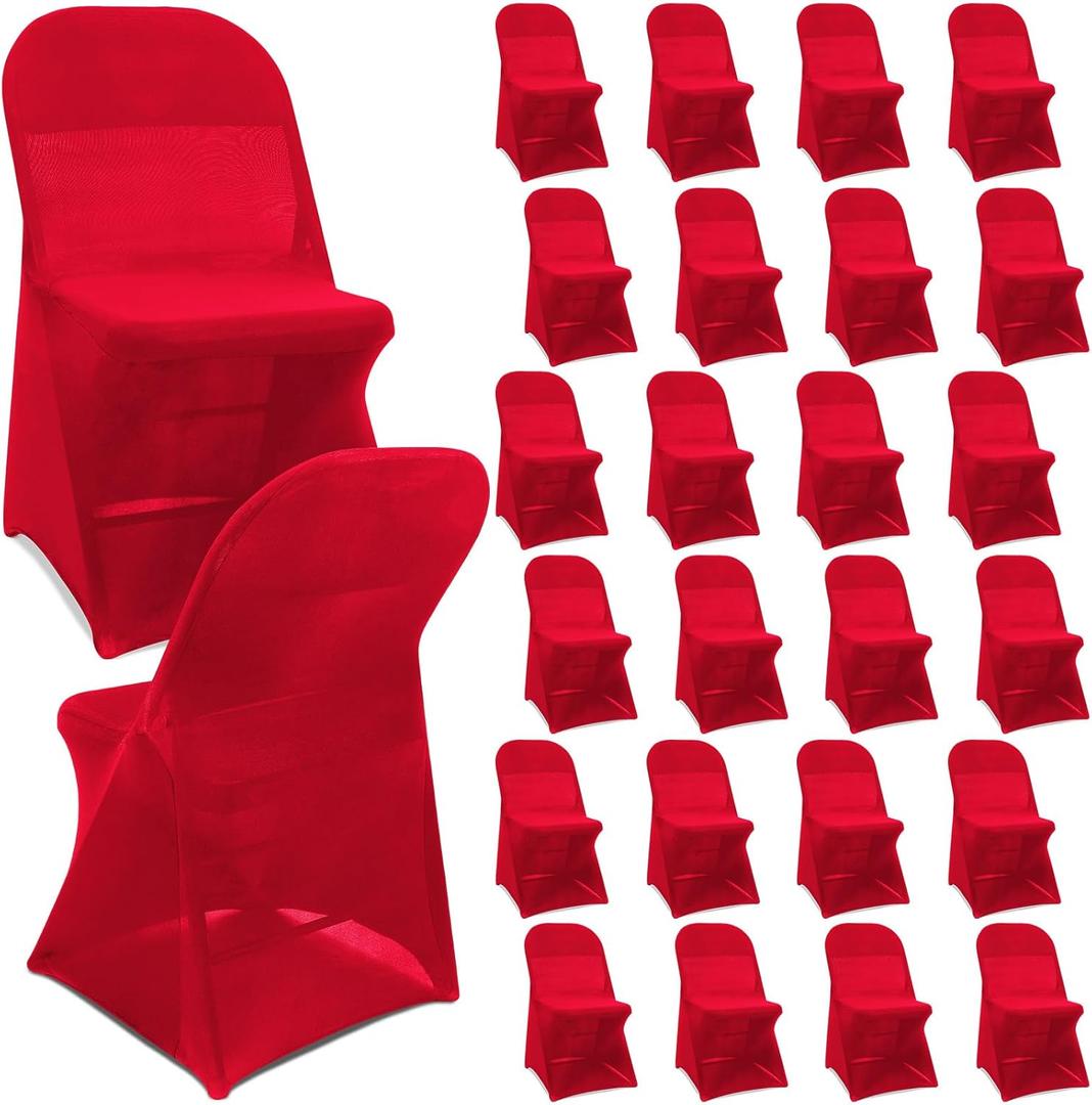Newwiee Spandex Chair Covers Bulk - Stretch Folding Flat Front Fitted Universal Chair Protector Pack Removable Washable for Wedding Party Dining Banquet Event(Red,25 Pcs)