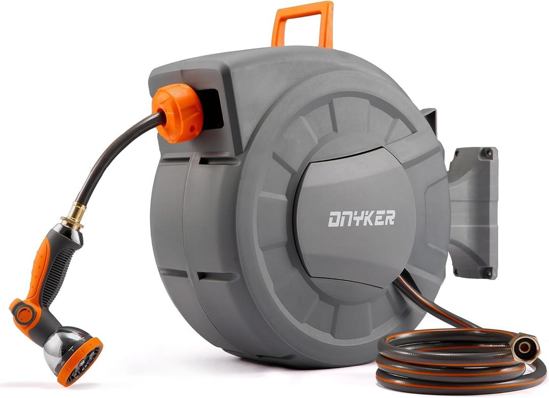 Retractable Garden Hose Reel, 1/2 inch x120 ft Water Hose Reel Wall Mounted, Any Length Lock, Slow Auto-Rewind, 180Swivel Bracket & 10 Pattern Nozzle (1/2'' 120FT)