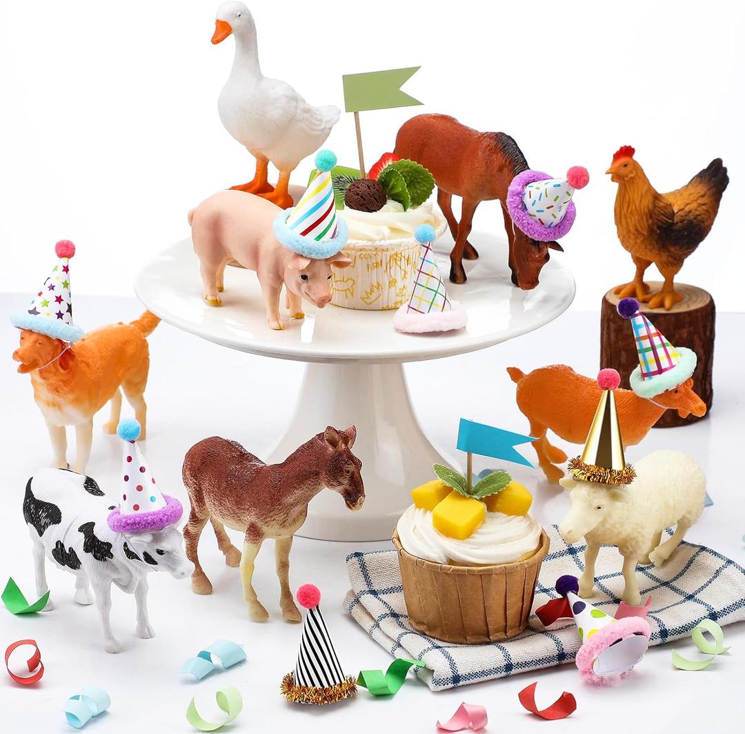 18 Pcs Farm Animal Birthday Party Decorations Mini Birthday Hat Animal Figure Model Cake Toppers with Mini Hat for Birthday Party, Animals Themed Party
