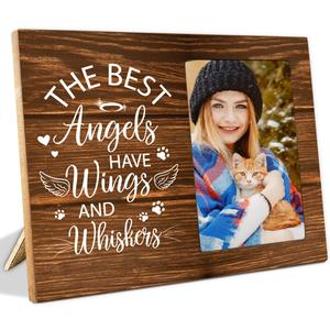 The Best Angels Have Wings and Whiskers Wood Picture Frame,Cat Memorial Wood Picture Frame for Pet Owner,Loss of Cat Pet Loss Wood Picture Frame (Brown)