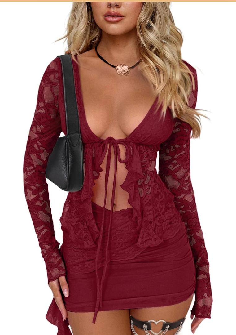 CSDAJIO 2 Piece Outfits for Women Floral Lace Open Front Tie Up Long Sleeve Crop Top Blouse Shirt and Mini Skirt Set Large, Red