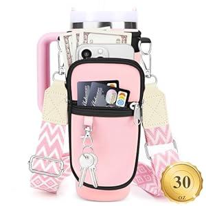 Water Bottle Holder Bag with Canvas Shoulder Strap for Stanley 30 oz Tumbler with Handle, Water Bottle Carrier Pouch with 6.7'' Phone Pocket for Stanley Cup Accessories, Birthday Gifts for Men Women