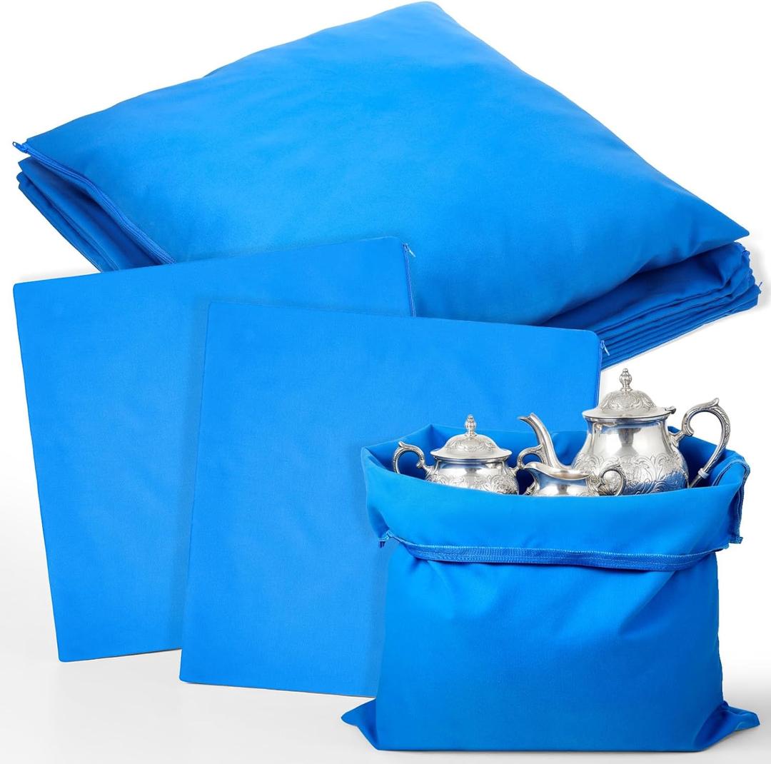 Oqqlin 8 Pcs Zippered Silver Storage Bags, 18 x 18 Inch Silver Protector Cloth Pouch Anti Tarnish Jewelry Storage Silverware Polishing Pouch for Tableware, Tea Sets, Jewelry, Accessorie (Blue)