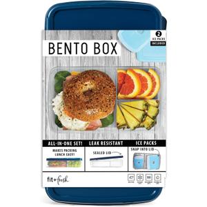 Fit & Fresh Bento Box Adult and Kids Lunch Box Container, Includes 2 Slim Clip-in Ice Packs, Reusable, Leak-Resistant, & Stackable Lunch Container for Adults