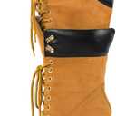 Richealnana Women's Double Lace Pointed Toe Stilettos Straps Up Strappy Knee High Boots (7, Yellow)