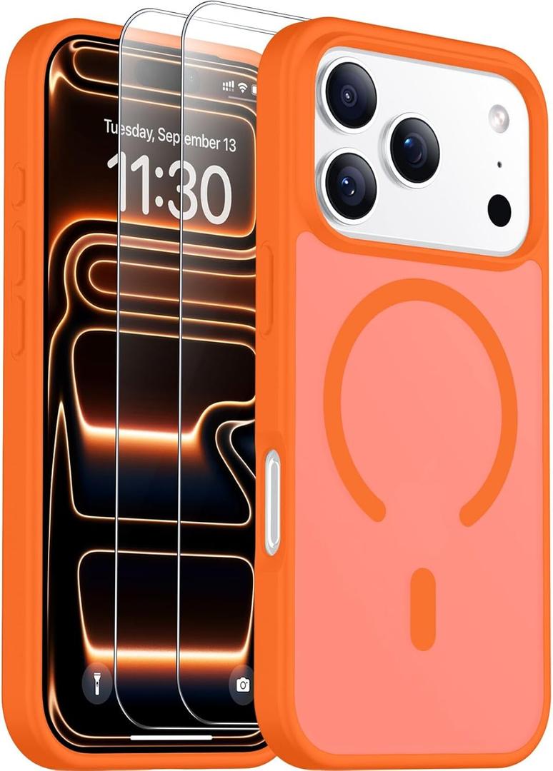 SPIDERCASE Designed for iPhone 17 Pro Case, Magnetic Translucent [2 Tempered Glass Screen Protector] [Camera Protection] Anti-Fingerprint Anti-Scratch for iPhone 17 Pro 6.3, Orange