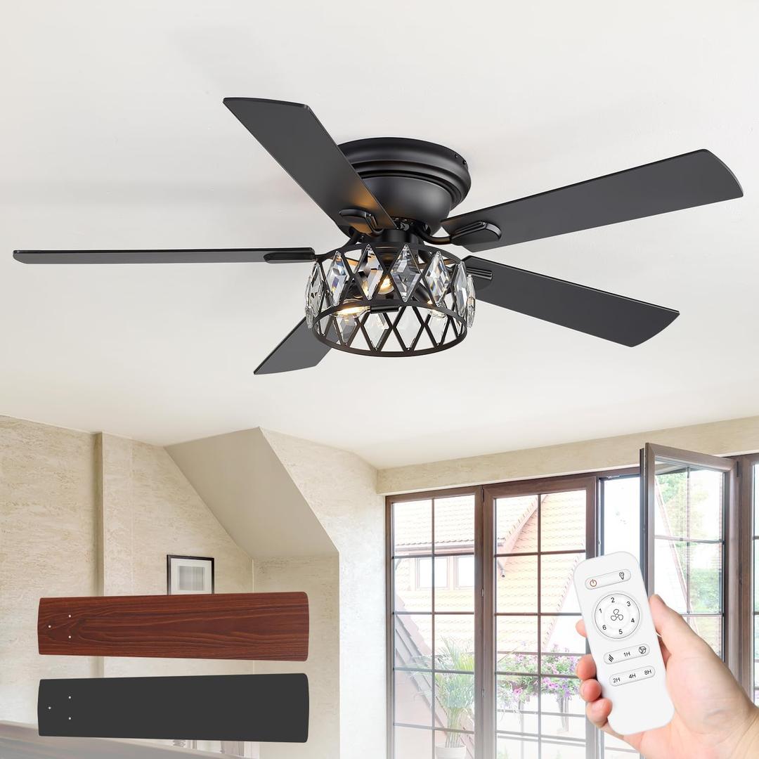 52 Inch Flush Mount Ceiling Fans with Lights and Remote, Double-Sided 5-Blade, 6-Speed Reversible DC Motor, Modern Low Profile Ceiling Fan Crystal Fandeliers for Bedroom Living Room Kitchen (Black)