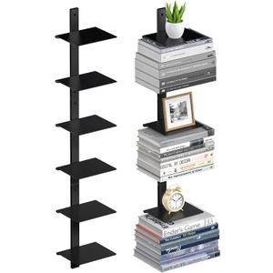 Floating Book Shelves for Wall, 6 Tier Invisible Floating Bookshelf, Vertical Spine Book Tower, Wall Mounted & Space Saving, Heavy Duty Metal Book Organizer for Home Office, 3 Pack Black