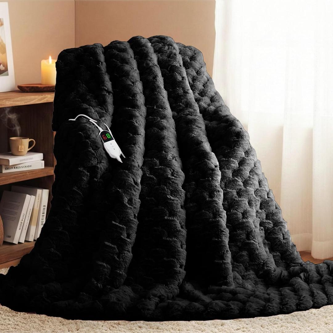Homemate Heated Blanket Electric Throw - 50"x60" Heating Blanket Throw 4 Hours Auto-Off 10 Heat Levels Over-Heat Protection Luxury 800 GSM Faux Fur 200 GSM Sherpa ETL Certification