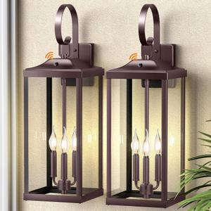 2 Packs 24" Extra Large Dusk to Dawn Light Fixture 3-Light, Oil Rubbed Bronze Outdoor Porch Lantern Wall Mounted, Waterproof Modern Outside Wall Sconce Brown Lamp for House, E12