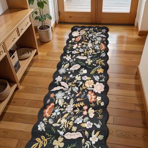 2x8ft Scalloped Hallway Runner Rug Non-Slip Washable Boho Floral Carpet Runner for Kitchen, Bathroom, Bedroom & Entryway Soft Low-Pile Thin Rug with Rubber Backing (Black, 2x8)