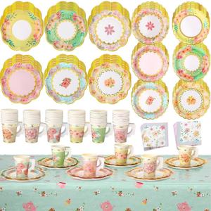 Yungyan 193 Pcs 48 Guests Tea Birthday Party Supplies Disposable Tableware Set 9 oz Paper Tea Cups with Handle, 7" 9" Paper Plates, Napkins, Tablecloth for Floral Party Wedding Baby Shower