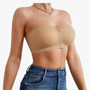 DEANGELMON Womens Strapless Bra Non-Slip Padded Bandeau Bras Front Closure Wavy Trim Seamless Comfortable Tube Top Bralette, Small, Beige