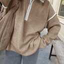 Saodimallsu Womens Quarter Zip Pullover Sweaters Casual Collared V Neck Color Block Long Sleeve Loose Knit Fall Sweater (Small, Khaki)