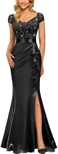Miusol Women's Vintage V-Neck Slim Style Ruffle Split Evening Formal Maxi Dress, XL
