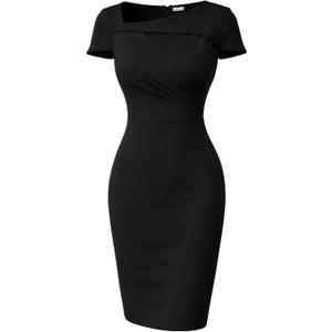 Memoriesea Women's Elegant Draped Neck Bodycon Ruched Cocktail Pencil Knee Midi Dress, L