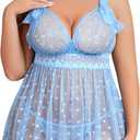 Avidlove Plus Size Lingeire for women Lace Babydoll Mesh Chemise Sexy Nightwear Sheer Nightie with Lace Up Bows L-4XL, Blue