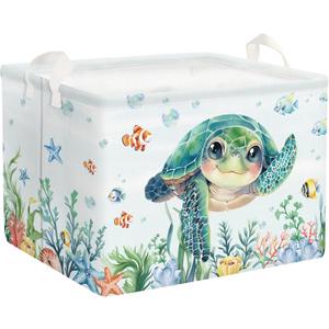 Clastyle Large Fish Sea Turtle Baby Basket Ocean Coral Seaweed Starfish Toy Book Shelf Basket Waterproof Pool Toy Beach Towel Storage Bin Collapsible Dirty Clothes Hamper, Blue, 40 * 30 * 30 cm