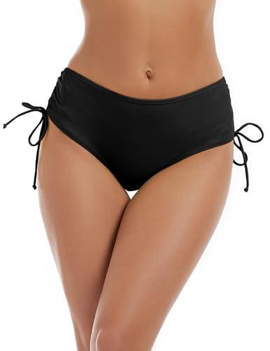 Bonneuitbebe Women's Bikini Bottoms Full Coverage Swim Bottoms Mid Waisted Swimsuit Bathing Suit Bottom Black, Size L