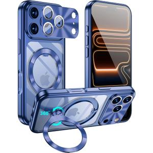 iPhone 17 Pro Max with 360 Spin CD Metal Ring Stand, Titanium Electroplated Magnetic Cover [Fit for MagSafe] Shockproof Military Drop Protection for Women Men Blue