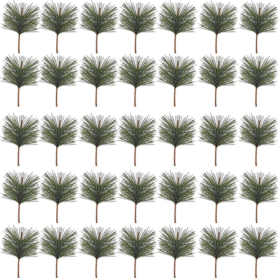 TIHOOD 35PCS Artificial Green Pine Needles Branches - Small Twigs Stems Picks - Fake Greenery for Christmas Garland Wreath Embellishing and Home Holiday Garden Decoration