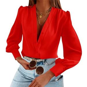Women's Business Casual Tops Summer Long Sleeve Button Down Shirts V Neck Chiffon Blouses S