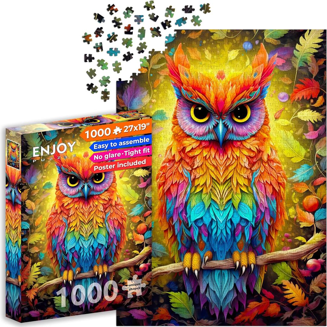 1000 Piece Jigsaw Puzzle for Adults - Colorful Rainbow Owl & Autumn Forest, Matte Anti-Glare, Unique-Shape Pieces, 2mm Board, Frame-Worthy 27x19  